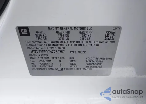 2017 GMC Sierra 1500 Sle z USA, uszkodzony, nr VIN 1GTV2MEC9HZ250757